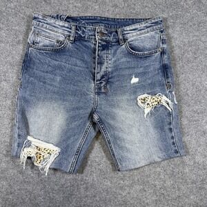 Ksubi Chitch Jungle Patch Denim Shorts Mens 33 Blue Distressed Leopard Nova